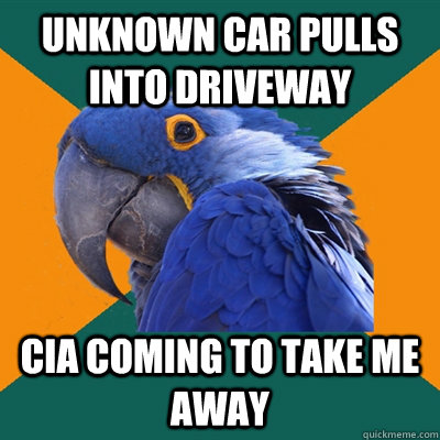 unknown car pulls into driveway cia coming to take me away  Paranoid Parrot