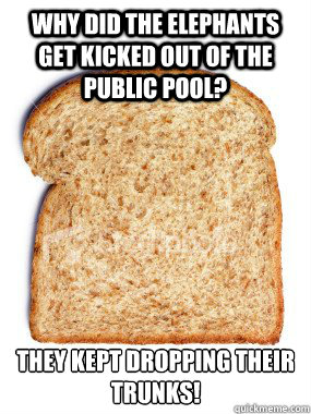 Why did the elephants get kicked out of the public pool?  
THEY KEPT DROPPING THEIR TRUNKS! - Why did the elephants get kicked out of the public pool?  
THEY KEPT DROPPING THEIR TRUNKS!  Stale Bread