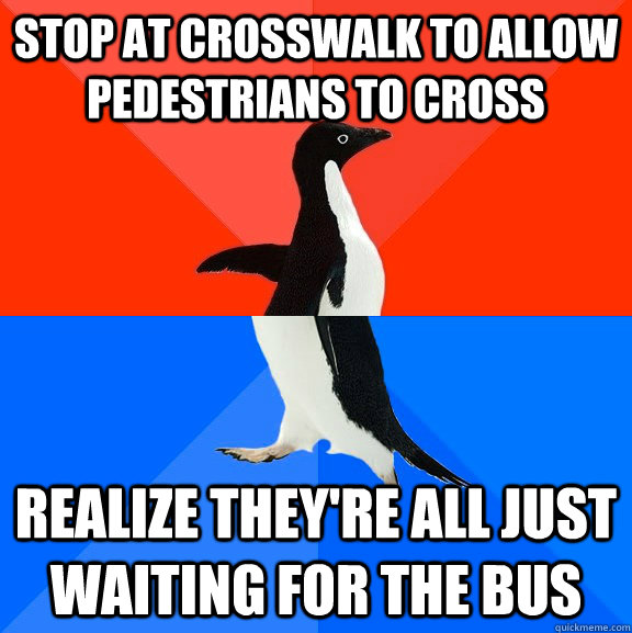 stop at crosswalk to allow pedestrians to cross realize they're all just waiting for the bus  Socially Awesome Awkward Penguin