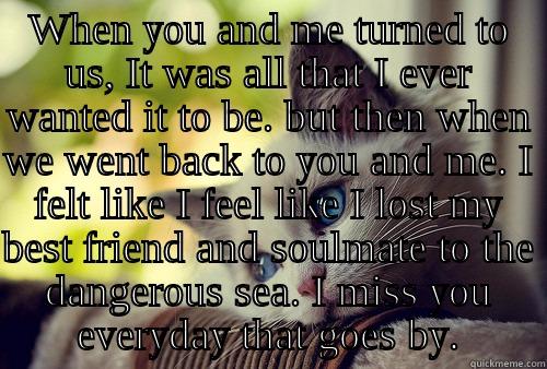 A poem for a lost love - WHEN YOU AND ME TURNED TO US, IT WAS ALL THAT I EVER WANTED IT TO BE. BUT THEN WHEN WE WENT BACK TO YOU AND ME. I FELT LIKE I FEEL LIKE I LOST MY BEST FRIEND AND SOULMATE TO THE DANGEROUS SEA. I MISS YOU EVERYDAY THAT GOES BY.  First World Problems Cat