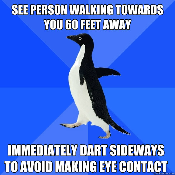 See person walking towards you 60 feet away Immediately dart sideways to avoid making eye contact  Socially Awkward Penguin