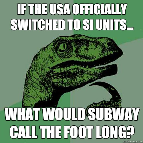 If the USA officially switched to SI units...  What would subway call the foot long?    Philosoraptor