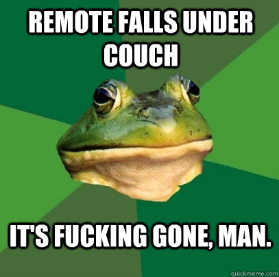 Remote falls under couch it's fucking gone, man.  Foul Bachelor Frog