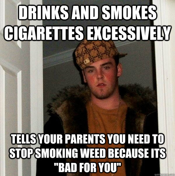 Drinks and smokes cigarettes excessively Tells your parents you need to stop smoking weed because its 