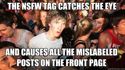 The NSFW tag catches the eye and causes all the mislabeled posts on the front page  Sudden Clarity Clarence