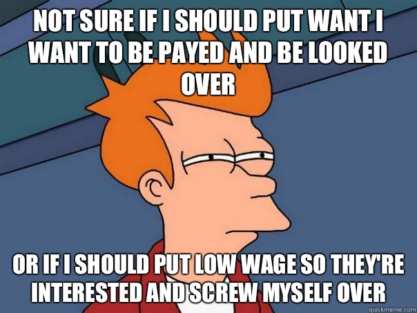 Not sure if I should put want I want to be payed and be looked over Or if I should put low wage so they're interested and screw myself over  Futurama Fry