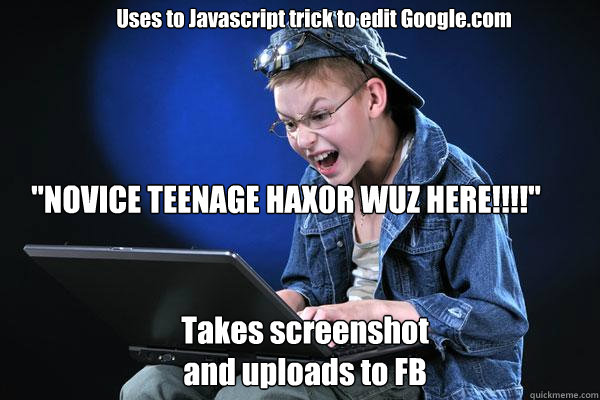 Uses to Javascript trick to edit Google.com Takes screenshot and uploads to FB 