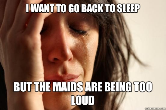 I want to go back to sleep but the maids are being too loud  First World Problems