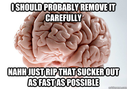 I should probably remove it carefully Nahh just rip that sucker out as fast as possible  Scumbag Brain