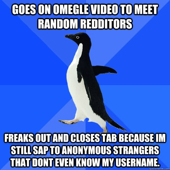 Goes on omegle video to meet random redditors freaks out and closes tab because im still sap to anonymous strangers that dont even know my username.  Socially Awkward Penguin