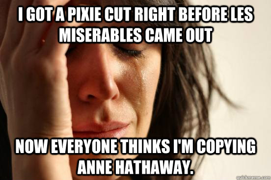 I got a pixie cut right before Les Miserables came out Now everyone thinks I'm copying Anne Hathaway.  First World Problems