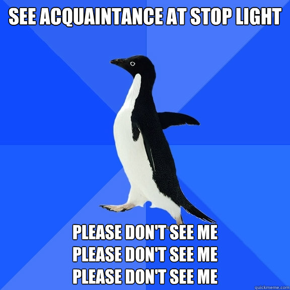 See acquaintance at stop light please don't see me 
please don't see me 
please don't see me  Socially Awkward Penguin