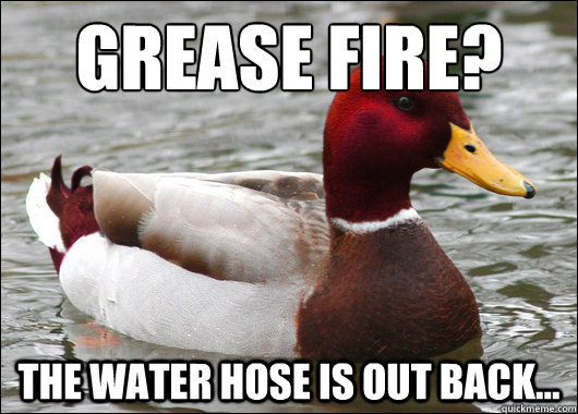 Grease fire?
 The water hose is out back...  Malicious Advice Mallard