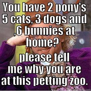 YOU HAVE 2 PONY'S 5 CATS, 3 DOGS AND ,6 BUNNIES AT HOME?   PLEASE TELL ME WHY YOU ARE AT THIS PETTING ZOO. Condescending Wonka