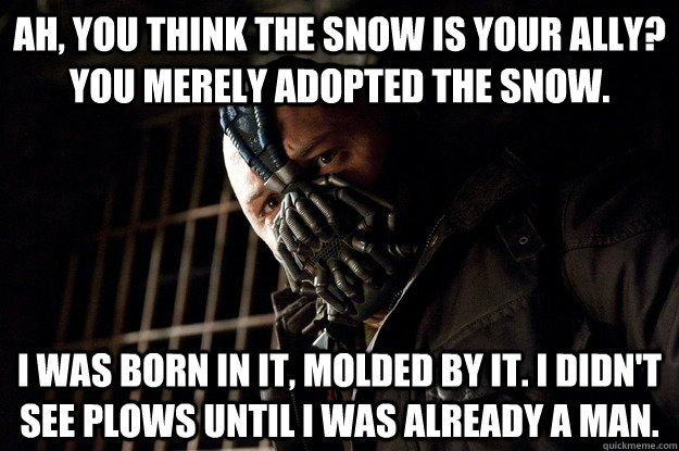 Ah, you think the snow is your ally? You merely adopted the snow. I was born in it, molded by it. I didn't see plows until i was already a man.  Angry Bane