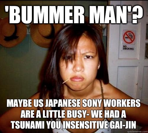 'bummer man'? Maybe us Japanese Sony workers are a little busy- we had a tsunami you insensitive gai-Jin   Asian roommate