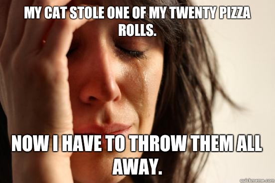 My cat stole one of my twenty pizza rolls. Now I have to throw them all away.  First World Problems