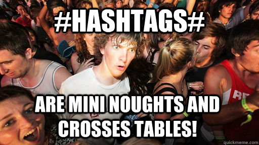 #Hashtags# Are mini noughts and crosses tables!  Sudden Clarity Clarence