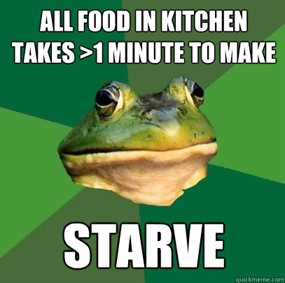 All food in kitchen takes >1 minute to make Starve  Foul Bachelor Frog