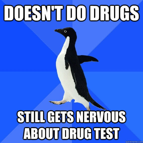 Doesn't do drugs Still gets nervous about drug test  Socially Awkward Penguin