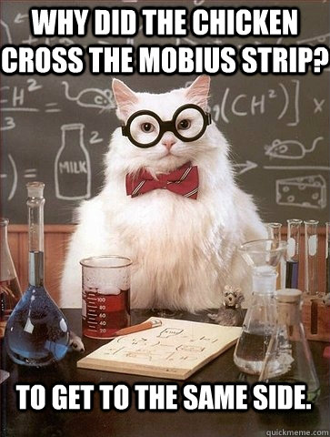Why did the chicken cross the mobius strip? to get to the same side. - Why did the chicken cross the mobius strip? to get to the same side.  Chemistry Cat.