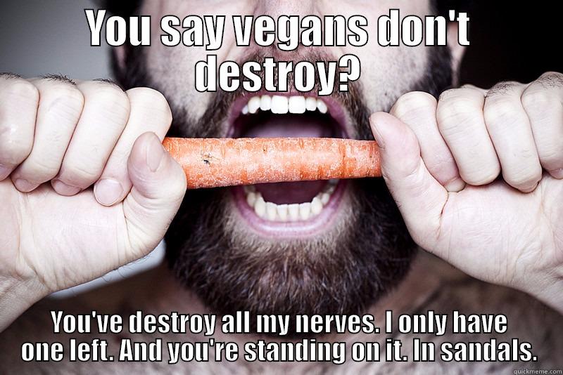 YOU SAY VEGANS DON'T DESTROY? YOU'VE DESTROY ALL MY NERVES. I ONLY HAVE ONE LEFT. AND YOU'RE STANDING ON IT. IN SANDALS. Misc