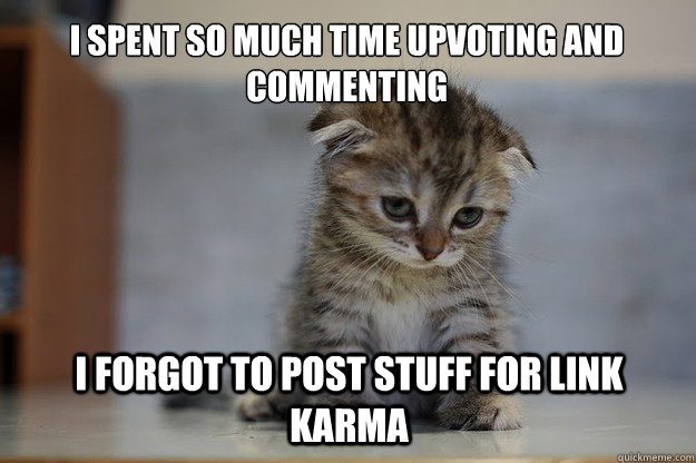 I spent so much time upvoting and commenting i forgot to post stuff for link karma  Sad Kitten