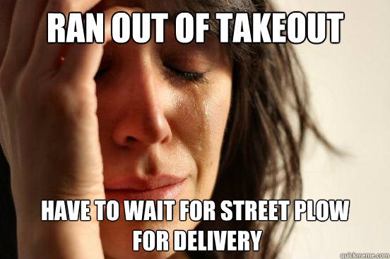 Ran out of takeout Have to wait for street plow
 for delivery  First World Problems