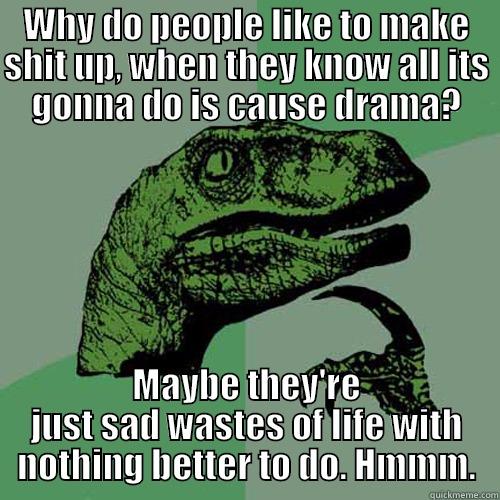 WHY DO PEOPLE LIKE TO MAKE SHIT UP, WHEN THEY KNOW ALL ITS GONNA DO IS CAUSE DRAMA? MAYBE THEY'RE JUST SAD WASTES OF LIFE WITH NOTHING BETTER TO DO. HMMM. Philosoraptor