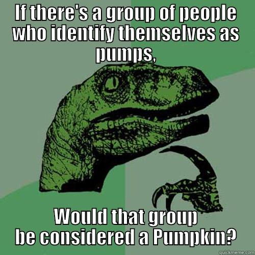 IF THERE'S A GROUP OF PEOPLE WHO IDENTIFY THEMSELVES AS PUMPS, WOULD THAT GROUP BE CONSIDERED A PUMPKIN? Philosoraptor