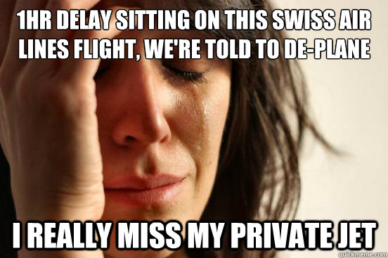 1hr delay sitting on this Swiss Air Lines flight, we're told to de-plane I REALLY MISS MY PRIVATE JET  First World Problems