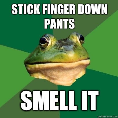 Stick finger down pants Smell it  Foul Bachelor Frog