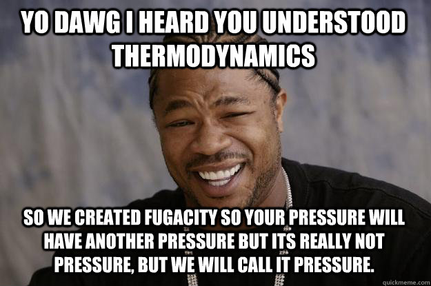 YO DAWG I HEARd YOU understood thermodynamics SO WE created fugacity so your pressure will have another pressure but its really not pressure, but we will call it pressure. - YO DAWG I HEARd YOU understood thermodynamics SO WE created fugacity so your pressure will have another pressure but its really not pressure, but we will call it pressure.  Xzibit meme