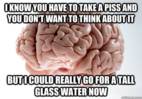 i know you have to take a piss and you don't want to think about it BUT I COULD REALLY GO FOR A TALL GLASS WATER NOW  Scumbag Brain