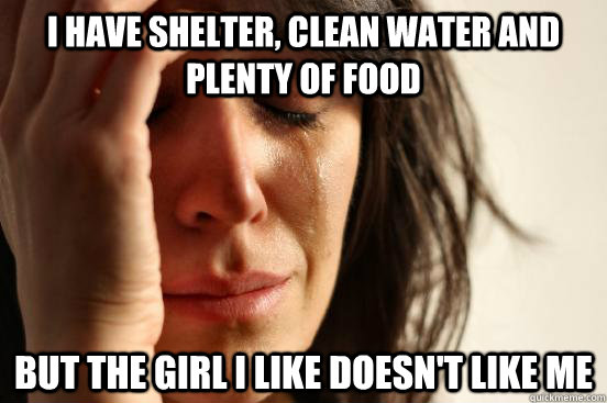 I have shelter, clean water and plenty of food but the girl I like doesn't like me  First World Problems