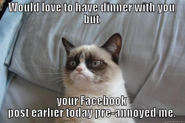 WOULD LOVE TO HAVE DINNER WITH YOU BUT YOUR FACEBOOK POST EARLIER TODAY PRE-ANNOYED ME. Grumpy Cat