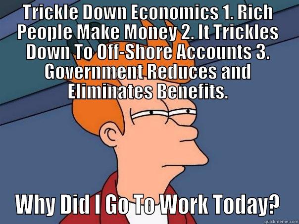 Trickled-On Ecnonmics - TRICKLE DOWN ECONOMICS 1. RICH PEOPLE MAKE MONEY 2. IT TRICKLES DOWN TO OFF-SHORE ACCOUNTS 3. GOVERNMENT REDUCES AND ELIMINATES BENEFITS. WHY DID I GO TO WORK TODAY? Futurama Fry
