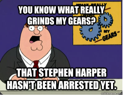 YOU KNOW WHAT REALLY GRINDS MY GEARS? That Stephen Harper hasn't been arrested yet.   Grinds my gears