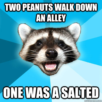 TWO PEANUTS WALK DOWN AN ALLEY ONE WAS A SALTED  Lame Pun Coon