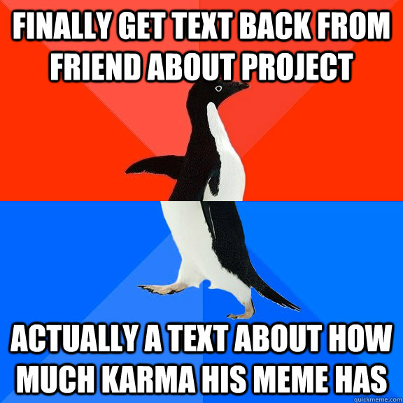 Finally get text back from friend about project actually a text about how much karma his meme has  Socially Awesome Awkward Penguin