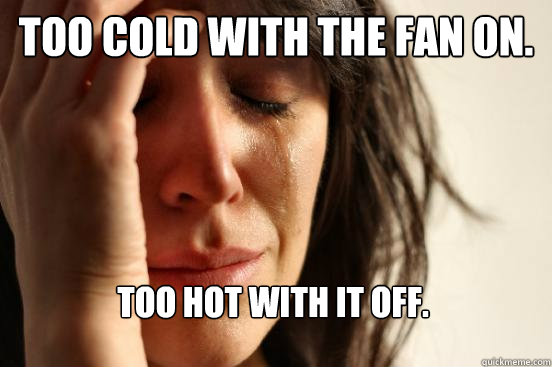 Too cold with the fan on. Too hot with it off.  First World Problems