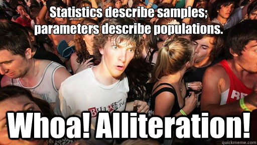 Statistics describe samples; 
parameters describe populations. Whoa! Alliteration!  Sudden Clarity Clarence