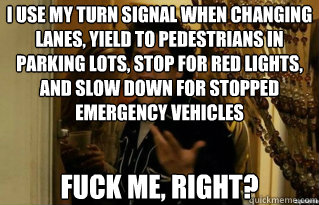 I use my turn signal when changing lanes, yield to pedestrians in parking lots, stop for red lights, and slow down for stopped emergency vehicles fuck me, right? - I use my turn signal when changing lanes, yield to pedestrians in parking lots, stop for red lights, and slow down for stopped emergency vehicles fuck me, right?  Misc