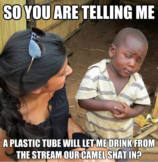 So you are telling me A plastic tube will let me drink from the stream our camel shat in?  Skeptical Third World Kid
