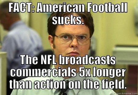 FACT: AMERICAN FOOTBALL SUCKS. THE NFL BROADCASTS COMMERCIALS 5X LONGER THAN ACTION ON THE FIELD. Schrute