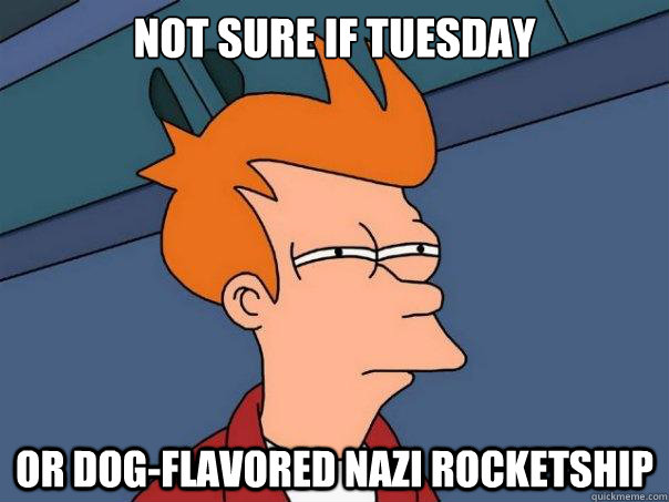 Not sure if tuesday Or dog-flavored nazi rocketship  Futurama Fry