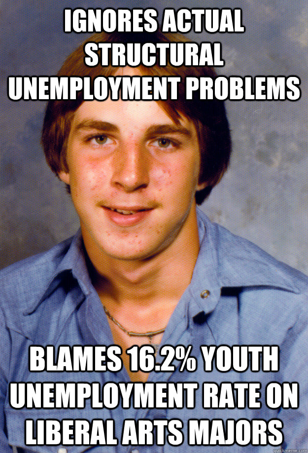 ignores actual structural unemployment problems blames 16.2% youth unemployment rate on liberal arts majors  Old Economy Steven