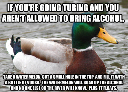 If you're going tubing and you aren't allowed to bring alcohol, take a watermelon, cut a small hole in the top, and fill it with a bottle of vodka.  the watermelon will soak up the alcohol and no one else on the river will know.  plus, it floats.  Actual Advice Mallard