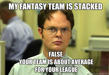 My fantasy team is stacked FALSE.  
your team is about average for your league - My fantasy team is stacked FALSE.  
your team is about average for your league  Schrute