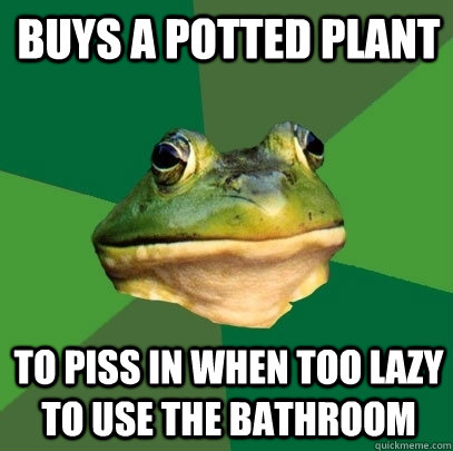 Buys a potted plant to piss in when too lazy to use the bathroom  Foul Bachelor Frog